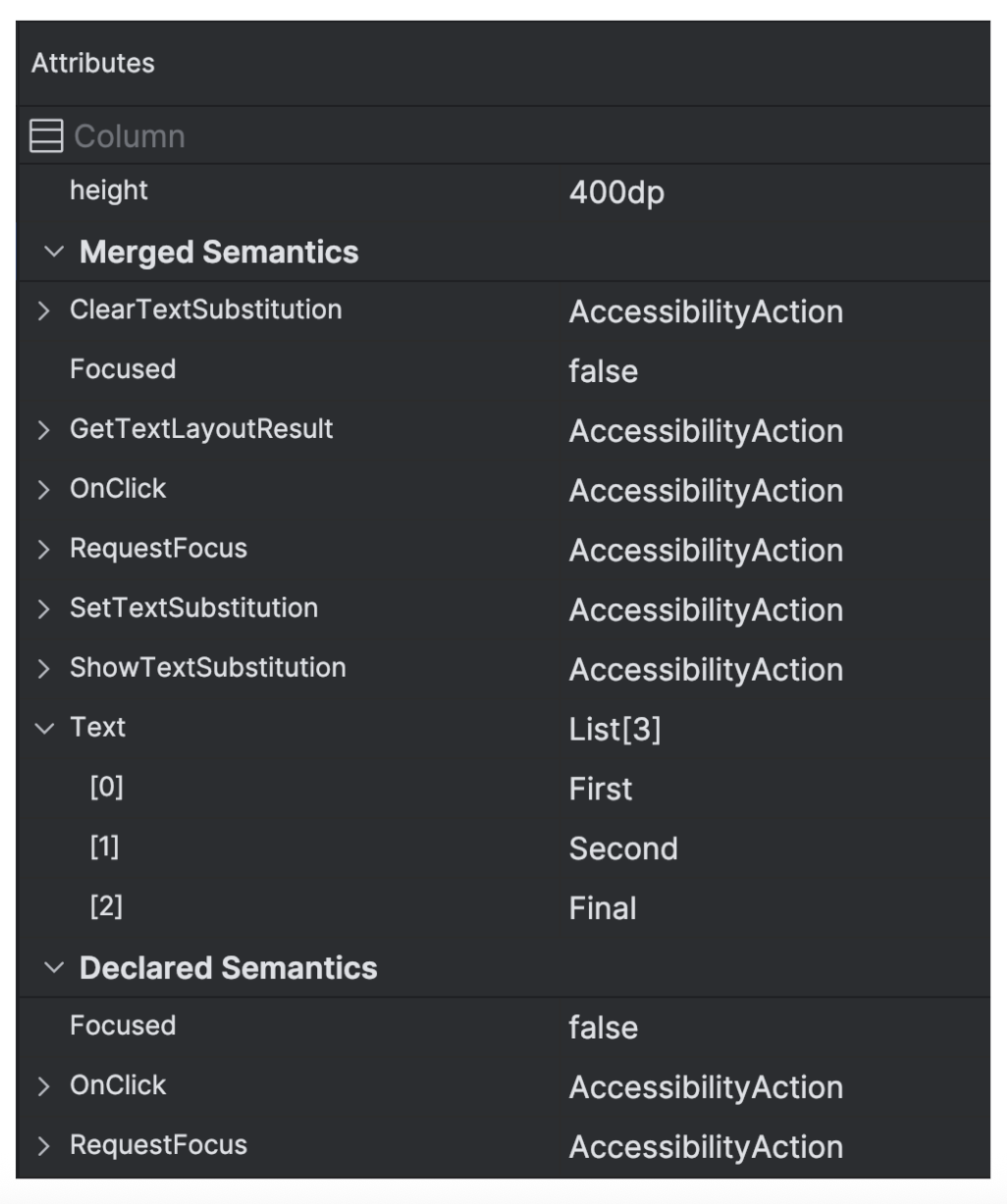 Informações semânticas mostradas usando o Layout Inspector.
