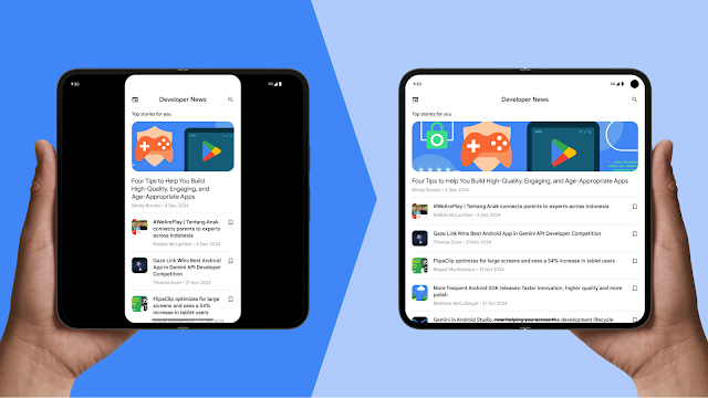 Aplikasi ditampilkan dalam format lebar di perangkat layar besar yang tidak dilipat sebelum Android 16, tetapi ditampilkan dalam layar penuh saat menargetkan Android 16. Aplikasi menampilkan lebih banyak item berita saat layar penuh, bukan tampilan lebar.