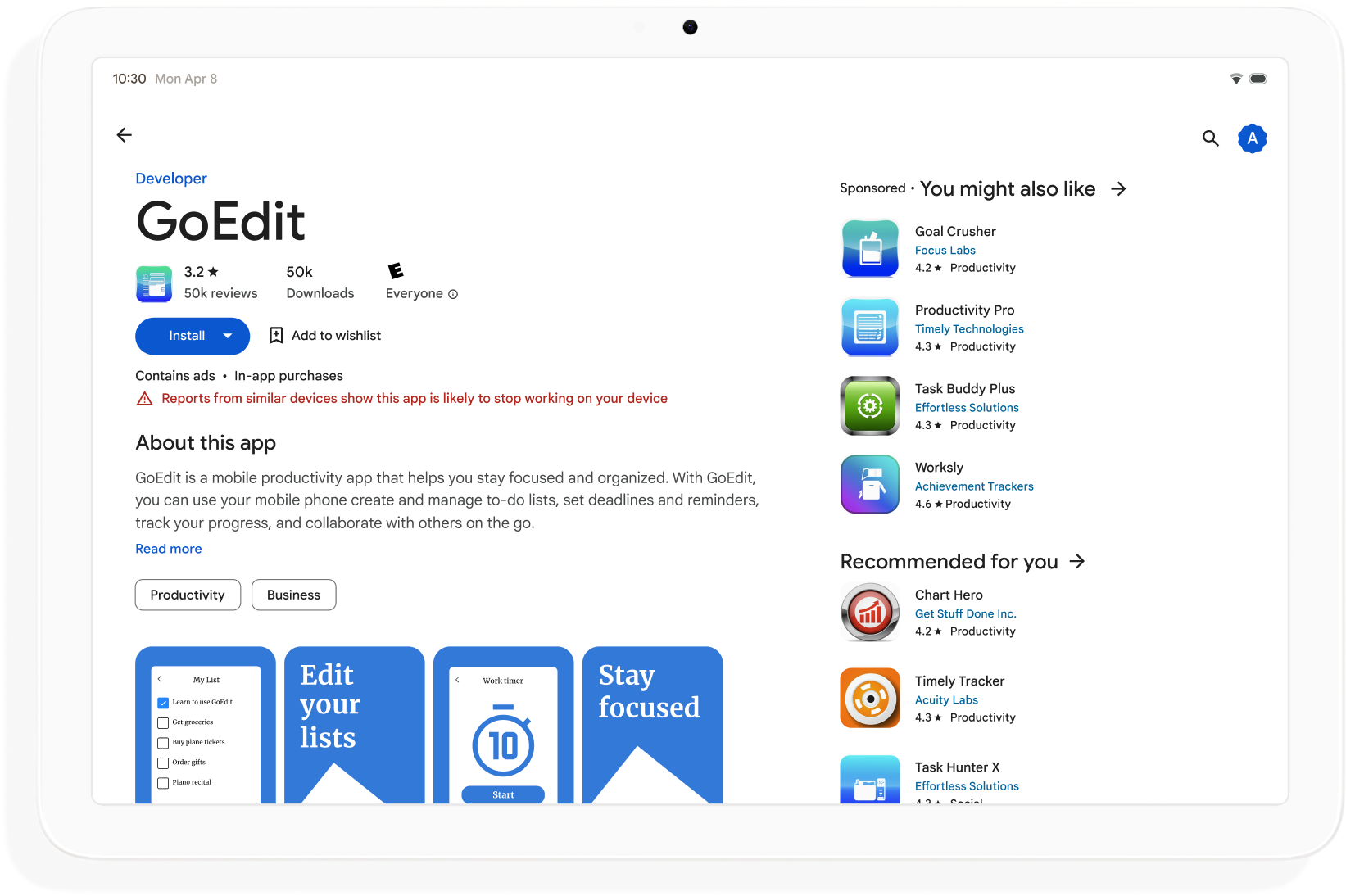 Google Play store listing for an app with a warning that says 'May not be optimized for your device'.