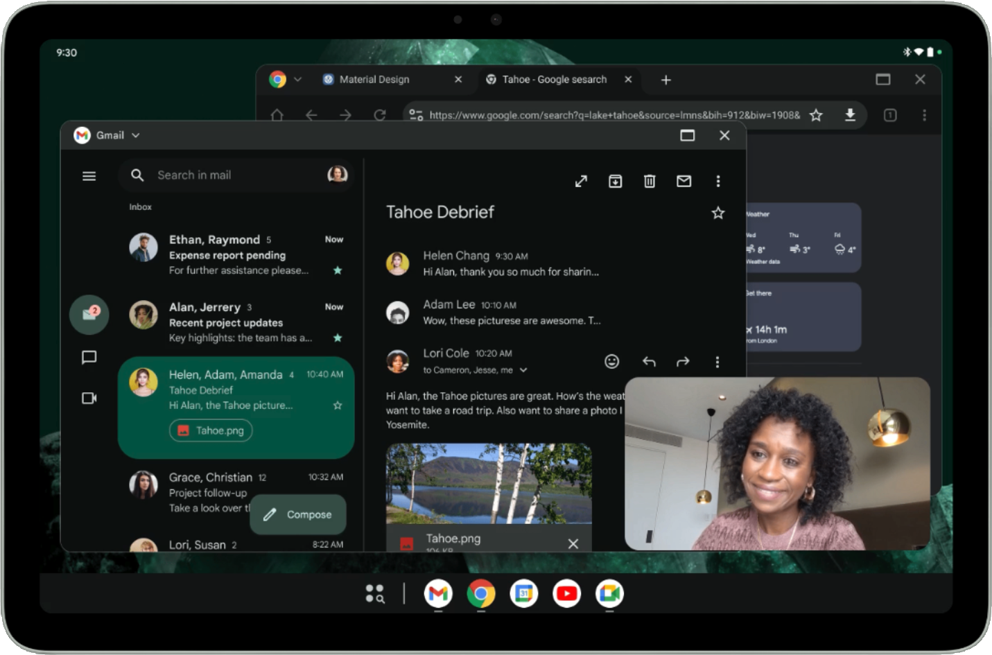 Il display di un tablet che mostra più app in esecuzione in finestre ridimensionabili con una barra delle app in basso.