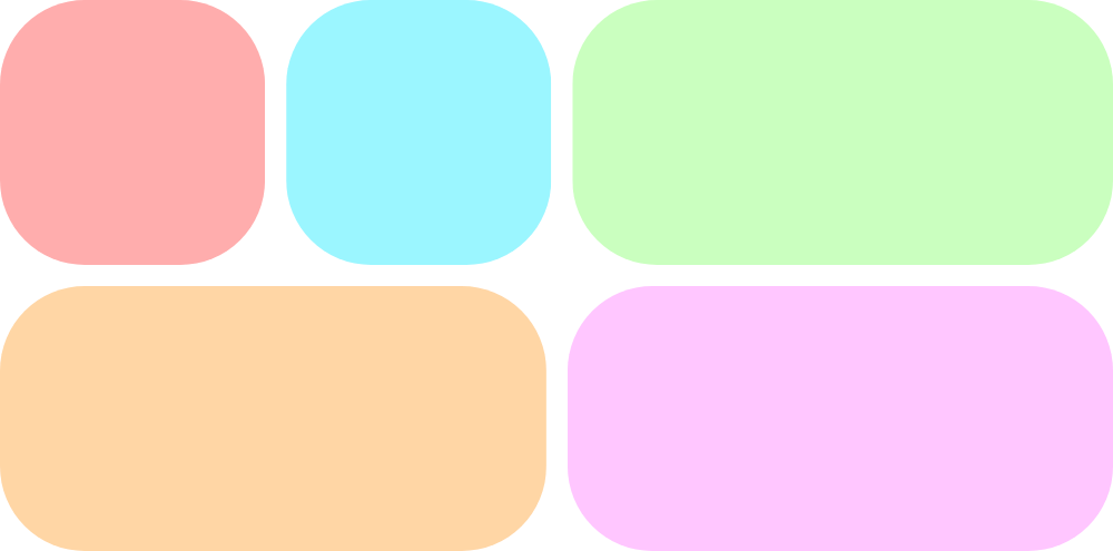 Dos filas de elementos de colores, con tres elementos de tamaños desiguales distribuidos en la fila superior y dos elementos de tamaños desiguales en la fila inferior.