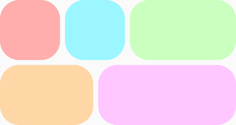 Hai hàng gồm các mục có màu, với 3 mục có kích thước không bằng nhau được phân phối trên hàng trên cùng và 2 mục có kích thước không bằng nhau trên hàng dưới cùng.