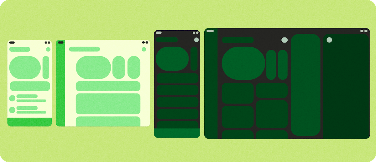 Składany telefon w orientacji poziomej w pozycji zamkniętej i całkowicie otwartej obok składanego telefonu w pozycji zamkniętej i całkowicie otwartej.