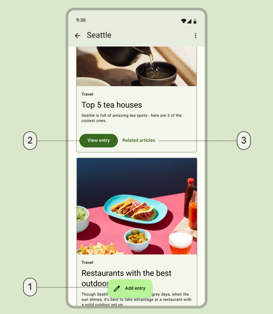 הדגשת לחצן מלחצן פעולה צף, לחצן ראשי ועד לחצן טקסט