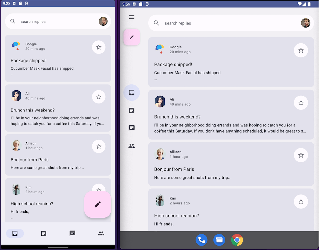 Exemple de l&#39;application Reply avec BottomNavigationBar(à gauche) et NavigationRail(à droite)