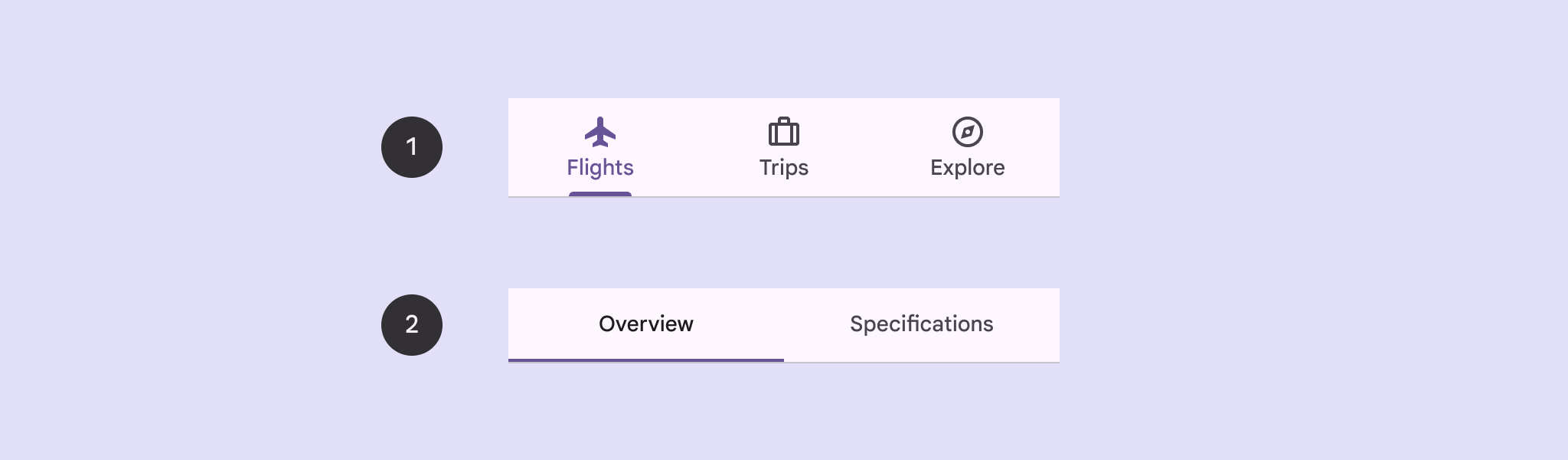  3 primary tabs are shown with associated icons (Flights, Trips, and Explore). 2 secondary tabs are shown (Overview, Specifications) without associated icons.
