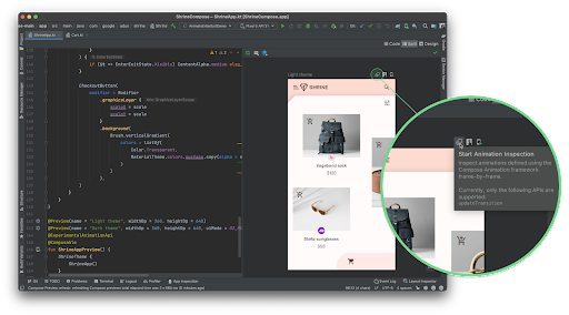 Ícono de Start Animation Preview en la ventana de diseño