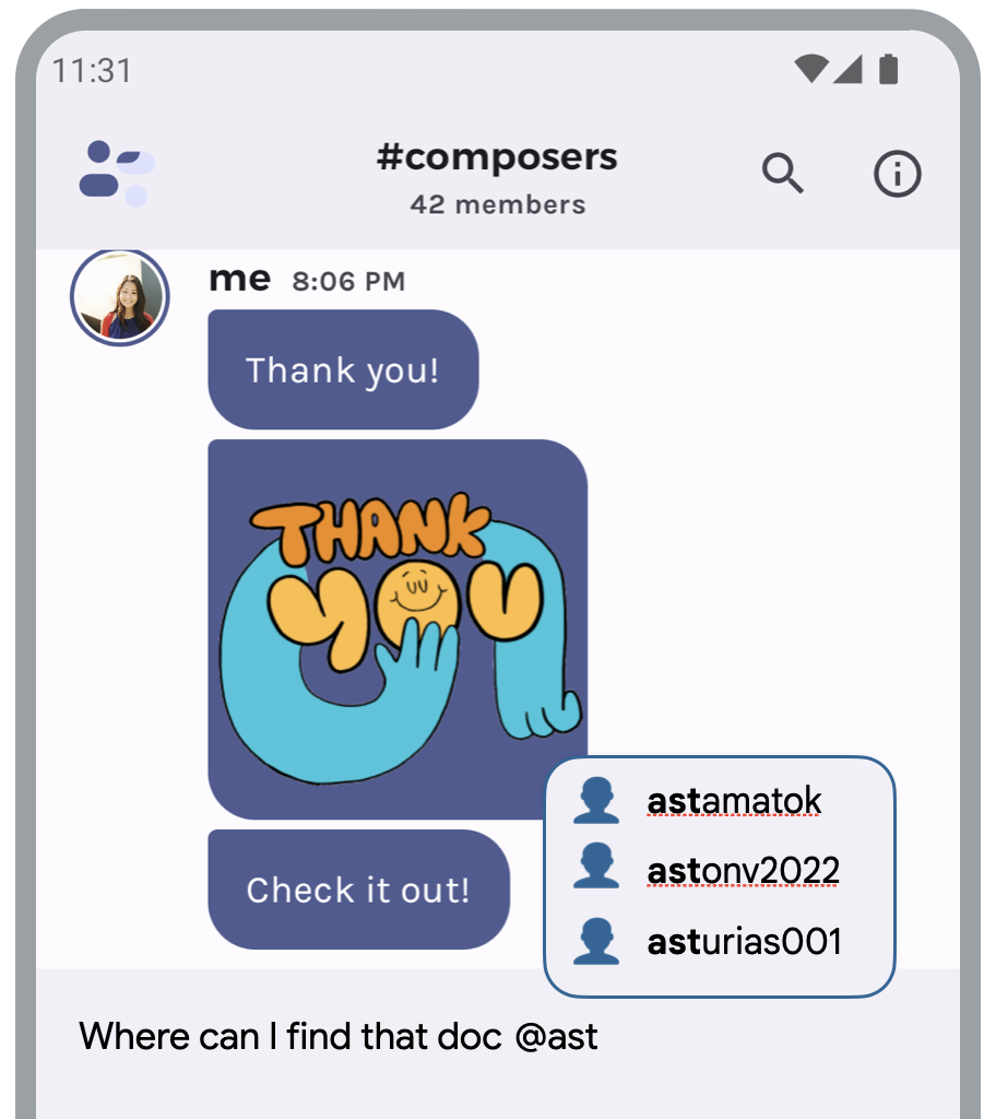 Función que muestra sugerencias de usuarios en un chat en grupo cuando el usuario escribe "@" y una sugerencia