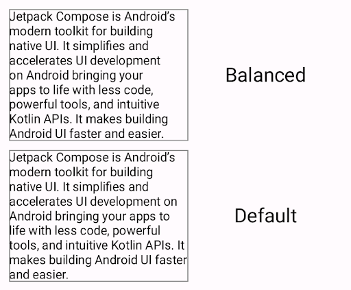 采用平衡换行策略的段落和未采用任何策略的段落。采用均衡换行策略的段落比默认段落的行长更一致。