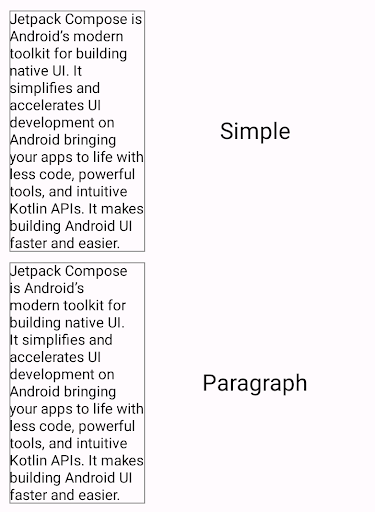 Un bloque de texto que muestra una estrategia simple de salto de línea en comparación con un bloque de texto con una estrategia de salto optimizada para párrafos. El bloque de texto con la estrategia de salto de línea simple tiene más variabilidad en la longitud de las líneas.