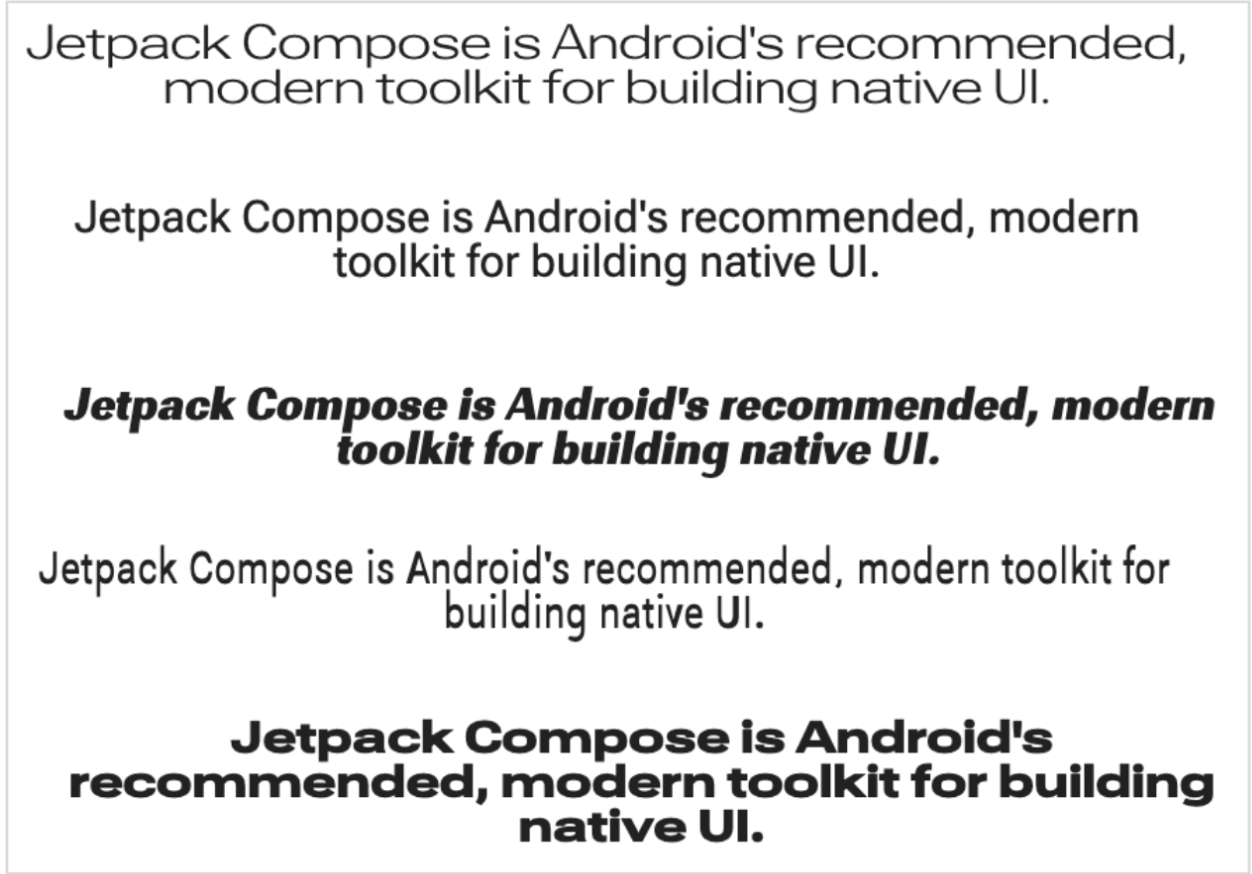 Cinque configurazioni dello stesso carattere variabile con valori degli assi diversi.