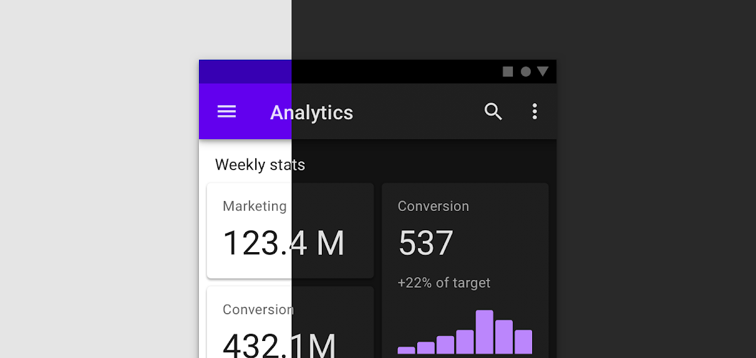 Screenshot tema gelap Material, yang menampilkan panel aplikasi atas menggunakan warna platform, bukan warna primer untuk aksen warna terbatas