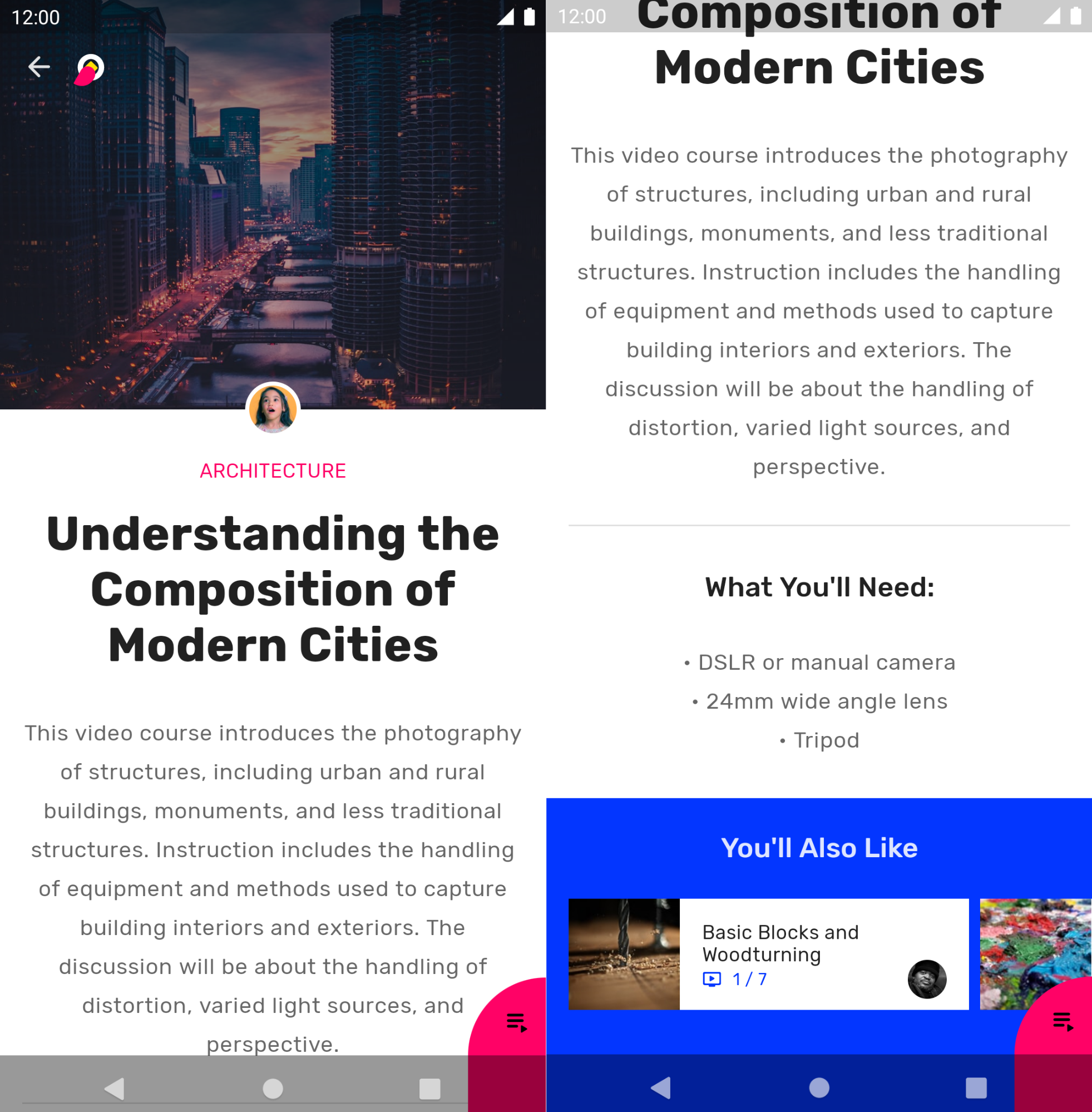 Screenshot einer App mit verschachtelten Designs: Das Hauptdesign ist rosa, das Design für einen zugehörigen Bereich ist blau.