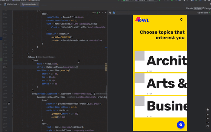 Un GIF que muestra actualizaciones en tiempo real con la vista previa de Compose