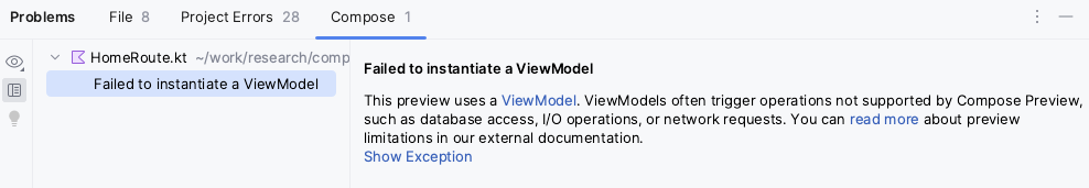 Painel de problemas do Android Studio com a mensagem &quot;Failed to instantiate a `ViewModel`&quot;