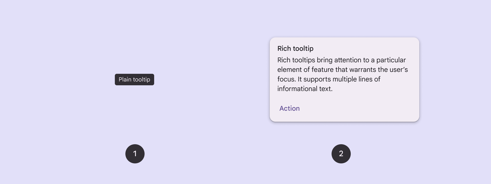 単一行のプレーンなツールチップ（1）と、タイトルと情報ブロックを含む複数行のリッチツールチップ（2）。