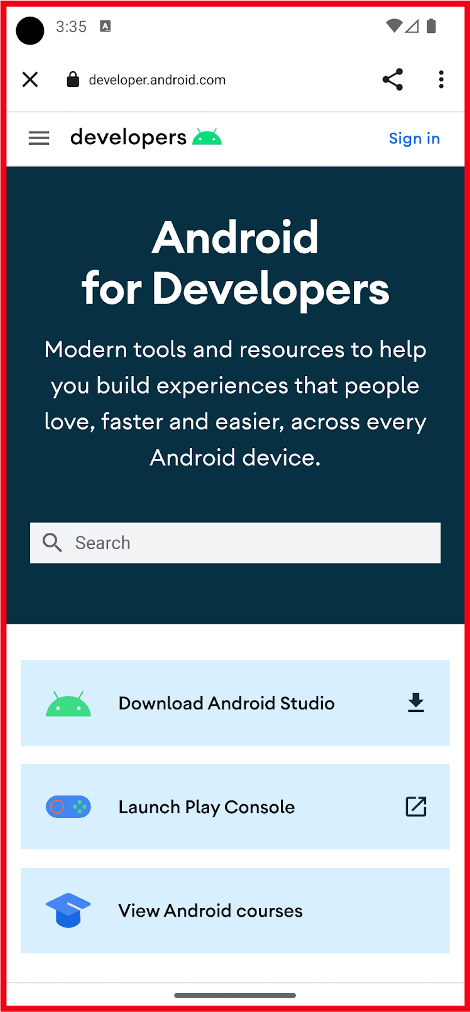 Scheda personalizzata aperta alla pagina web Android for Developers, evidenziata.