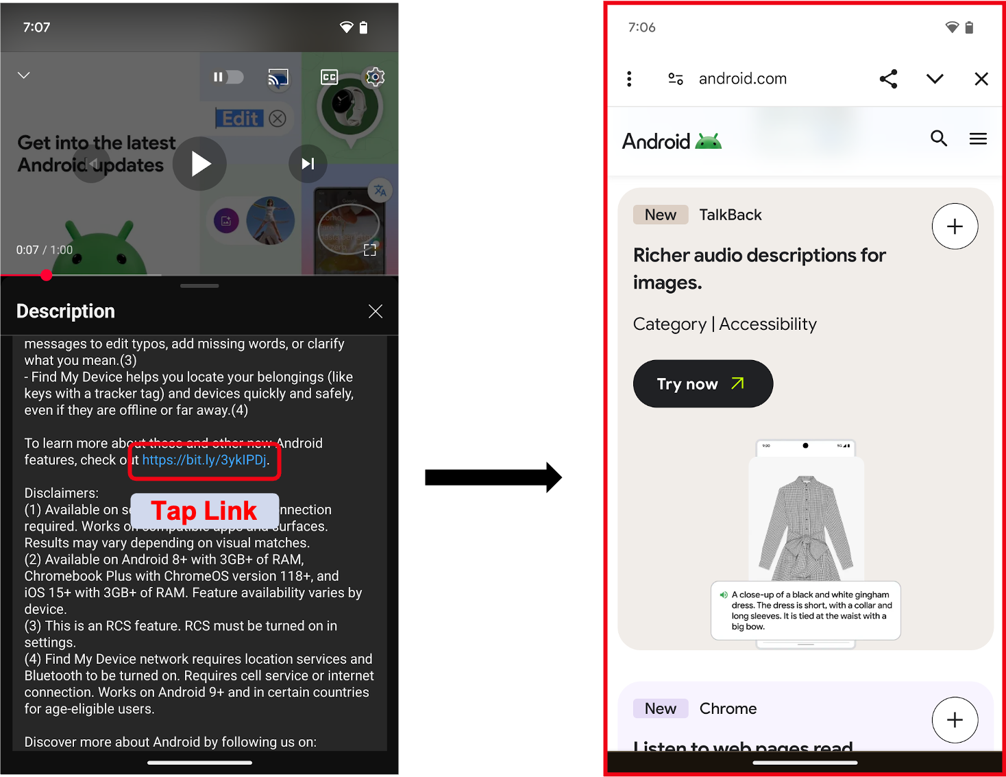 Página web con un vínculo en la app dentro de un recuadro rojo a la izquierda y un navegador integrado en la app a la derecha.