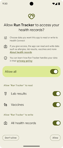 Permissions screen for medical records