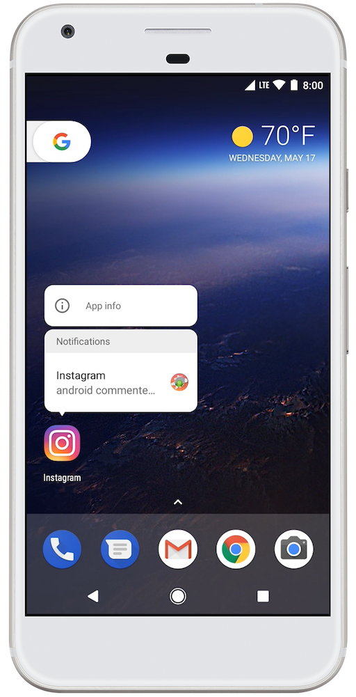 Menu po długim naciśnięciu powiadomienia w Androidzie 8.0 (poziom interfejsu API 26).