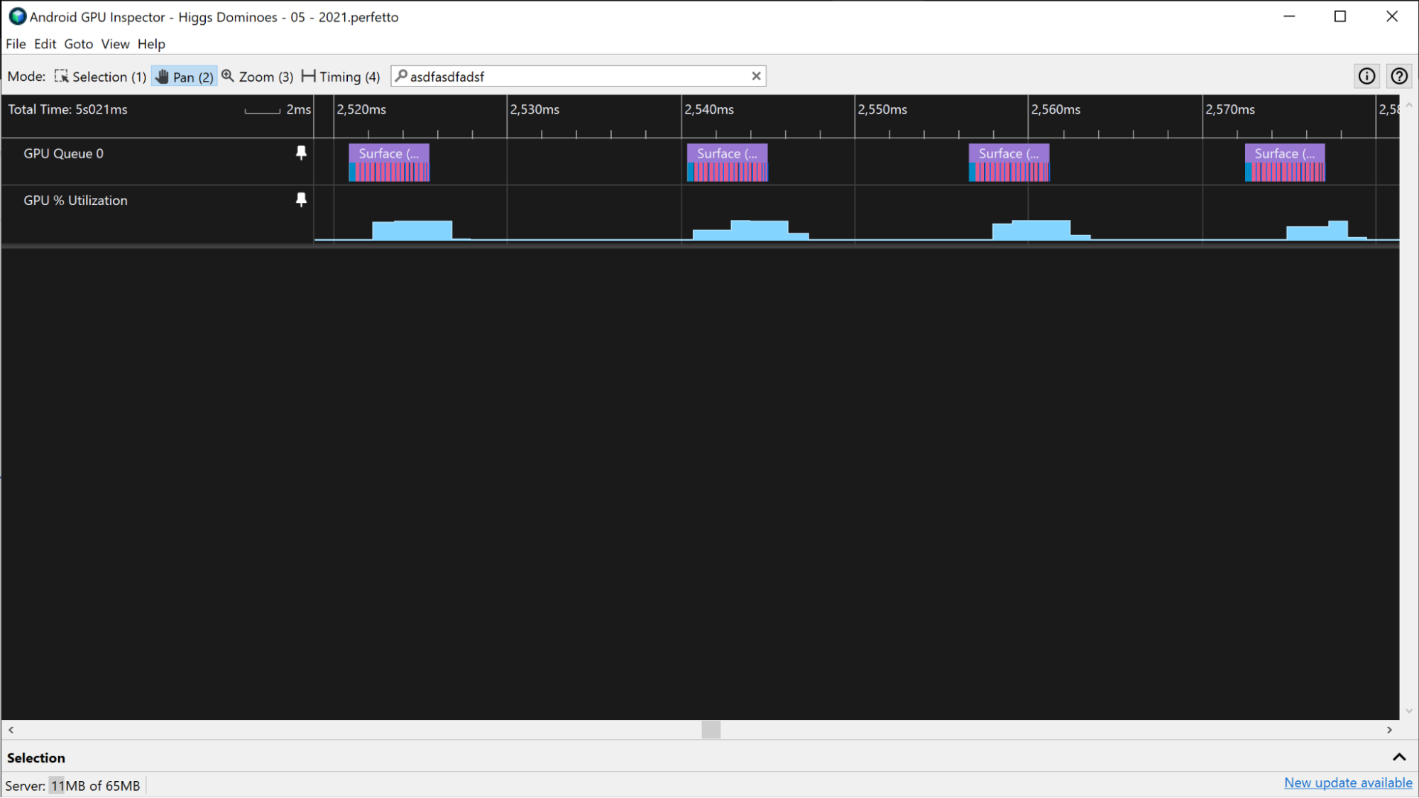 Capture d&#39;écran du pourcentage d&#39;utilisation du GPU et des pistes de file d&#39;attente du GPU sur un appareil Adreno.