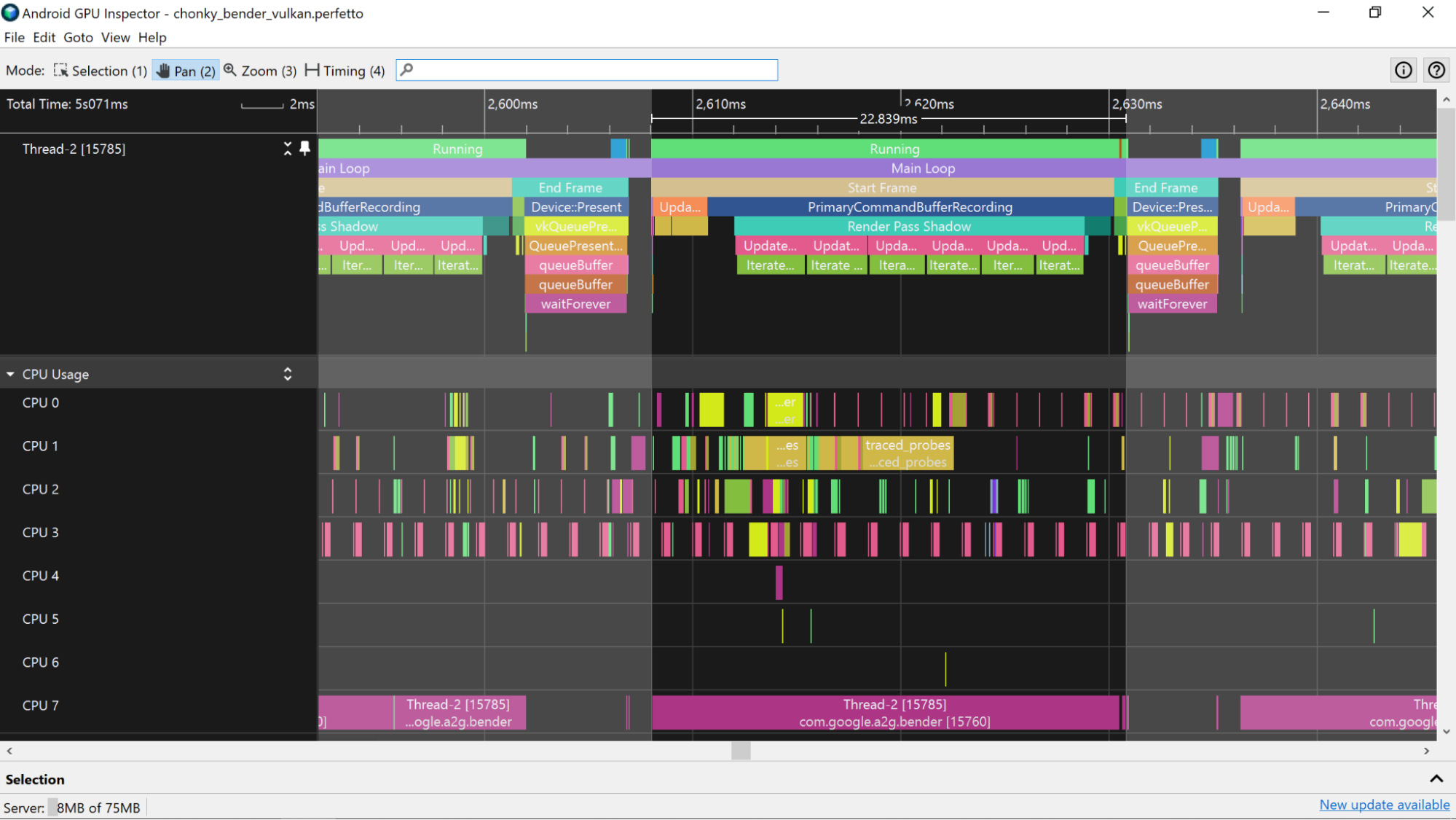 Ein Screenshot, der den Ausführungsstatus eines angepinnten Threads zeigt, der dem CPU-Track entspricht.