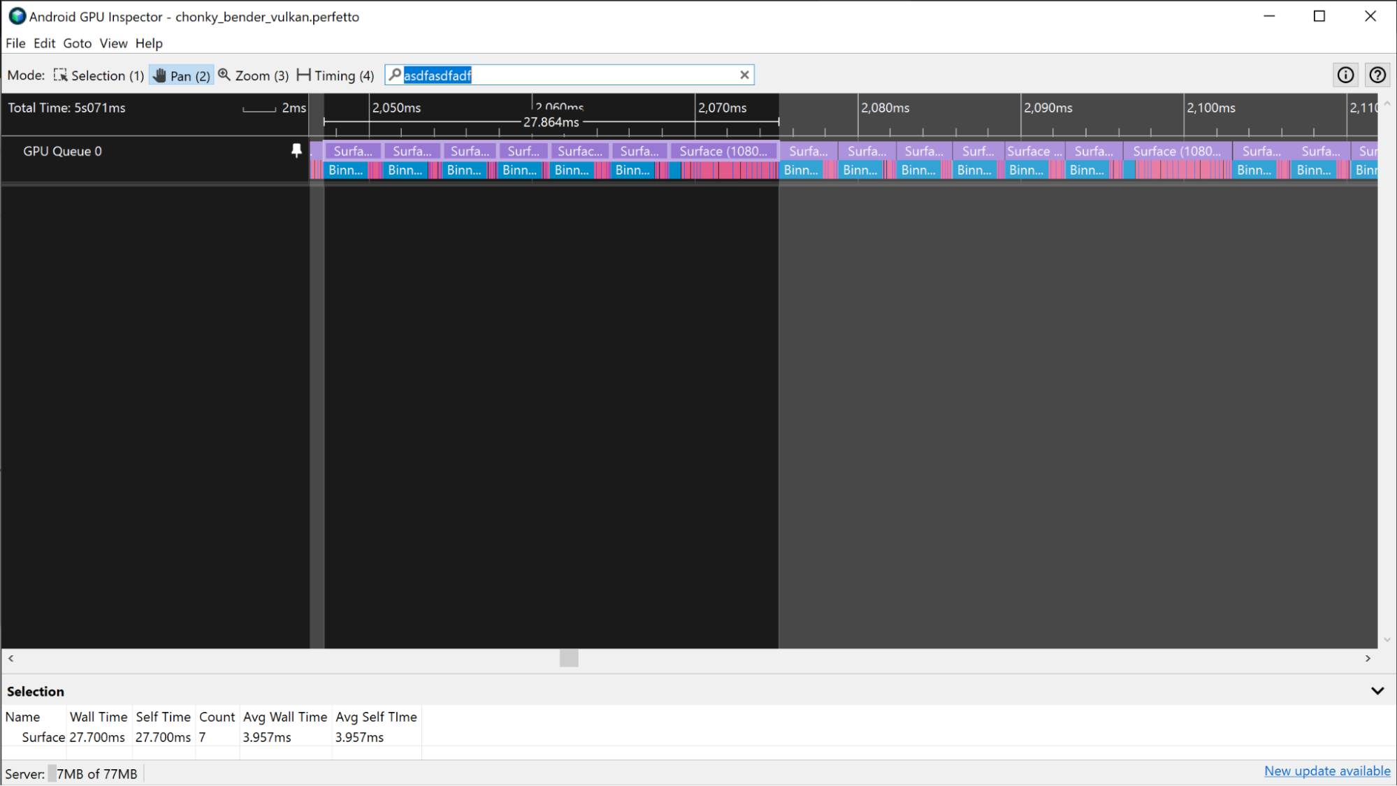 Screenshot aplikasi yang sangat terikat GPU dengan pola render pass yang membantu mengidentifikasi batas frame.