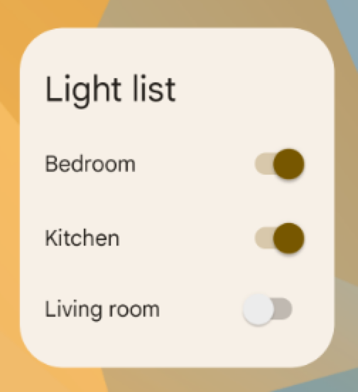 「Light list」というアプリのウィジェット。切り替えスイッチが「Bedroom」、「Kitchen」、「Living room」というラベルで表示され、最初の 2 つの切り替えスイッチはオフになっている