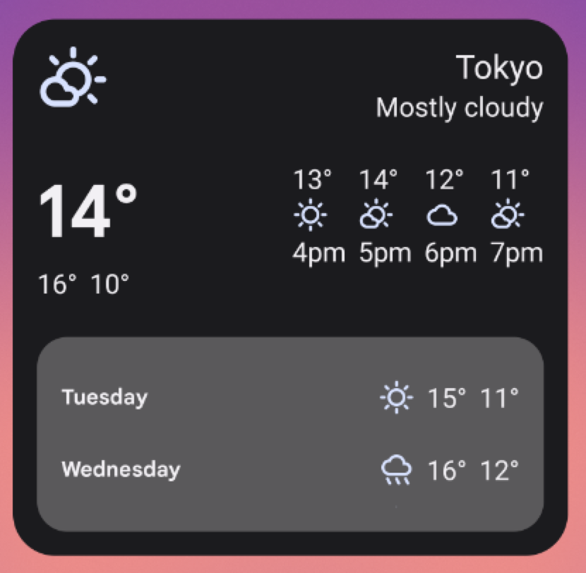 Ejemplo de un widget del clima en un tamaño &quot;grande&quot; de 5 x 3. Cambiar el tamaño del widget de esta manera se basa en toda la IU de los tamaños de widgets anteriores y agrega una vista dentro del widget que contiene un pronóstico del clima para el martes y el miércoles. Símbolos que indican si el clima es soleado o lluvioso
            y las temperaturas máximas y mínimas de cada día.