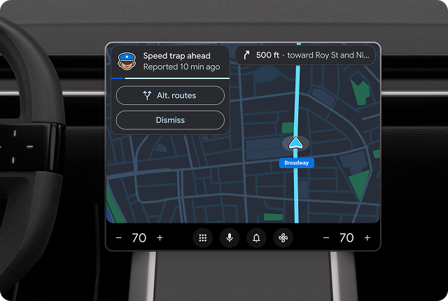 Un avviso di navigazione che mostra un autovelox mobile in arrivo