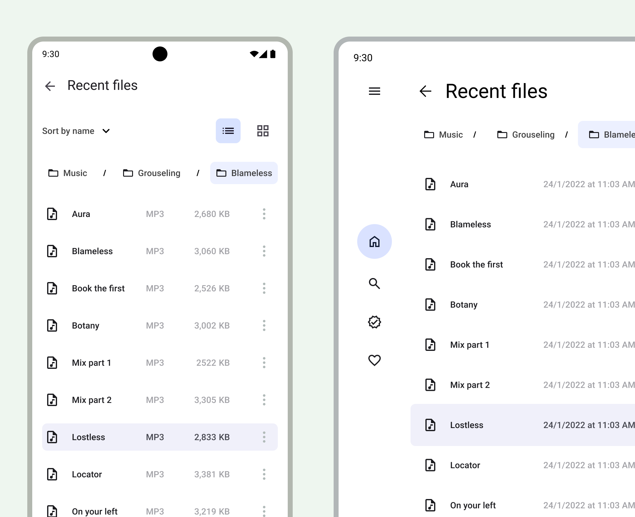 Tela de app de produtividade em tamanhos de smartphone e tablet.