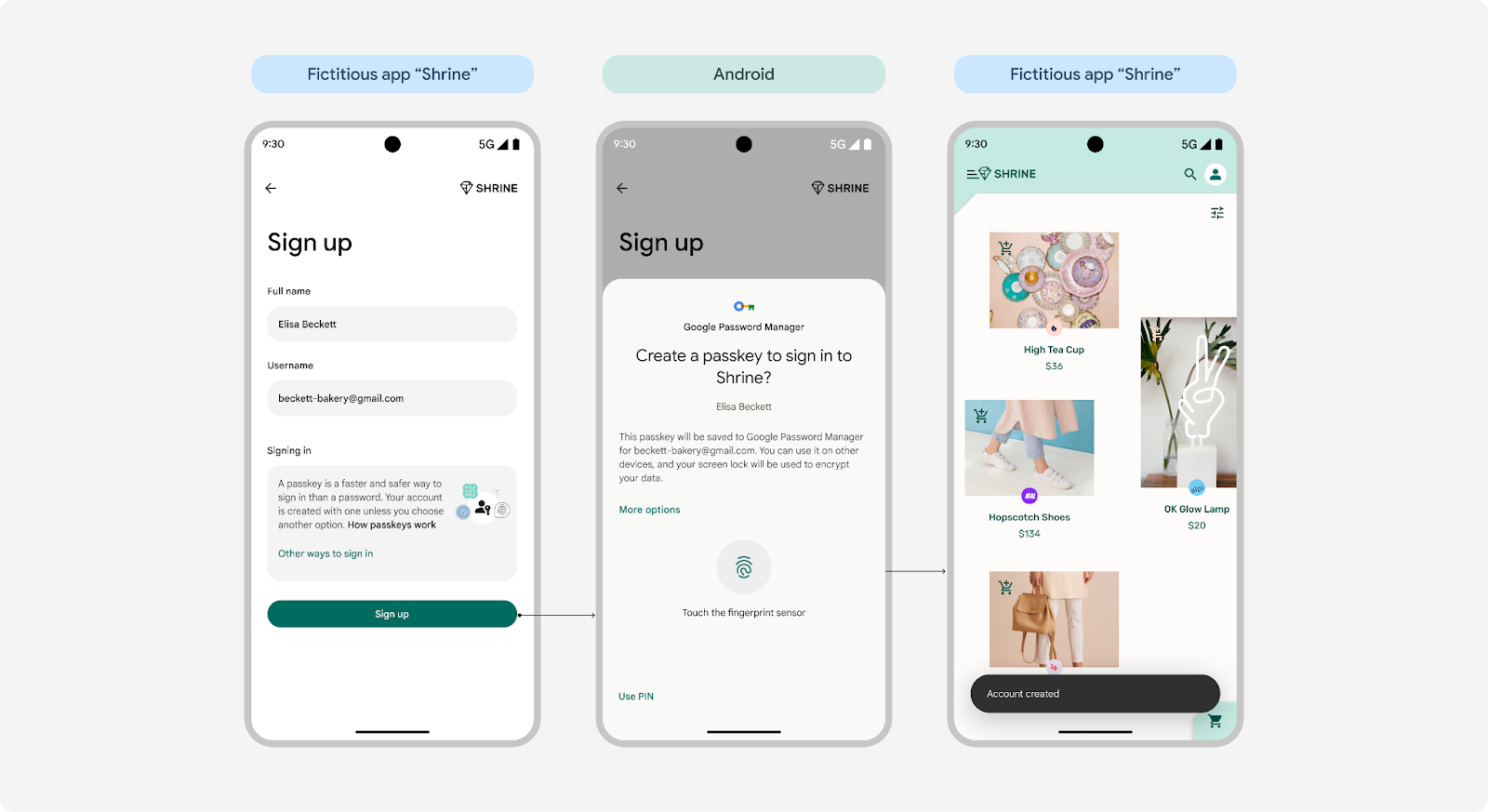 3 zrzuty ekranu przedstawiające tworzenie klucza dostępu jednym kliknięciem na Androidzie 15. Na pierwszym ekranie wyświetla się formularz rejestracji. Na drugim ekranie wyświetli się prośba o utworzenie klucza dostępu
za pomocą jednego dotknięcia. Trzeci ekran potwierdza utworzenie konta.