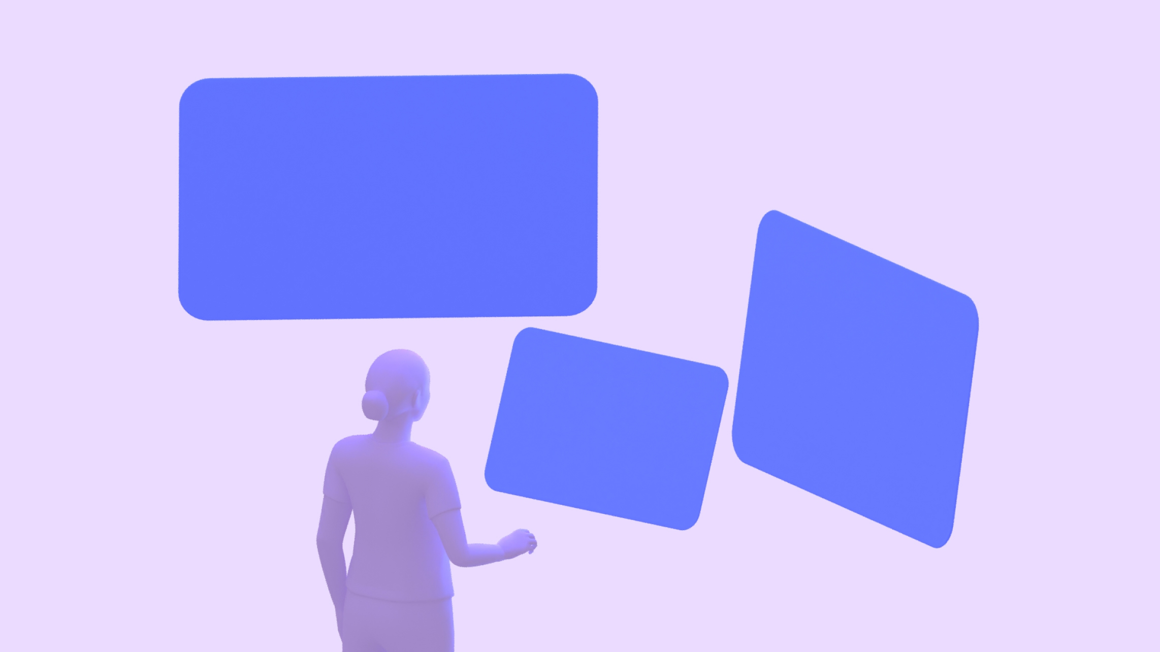 Person looking at three flat panels of different sizes at arbitrary positions,
with the outer right and left panels further away from
themt