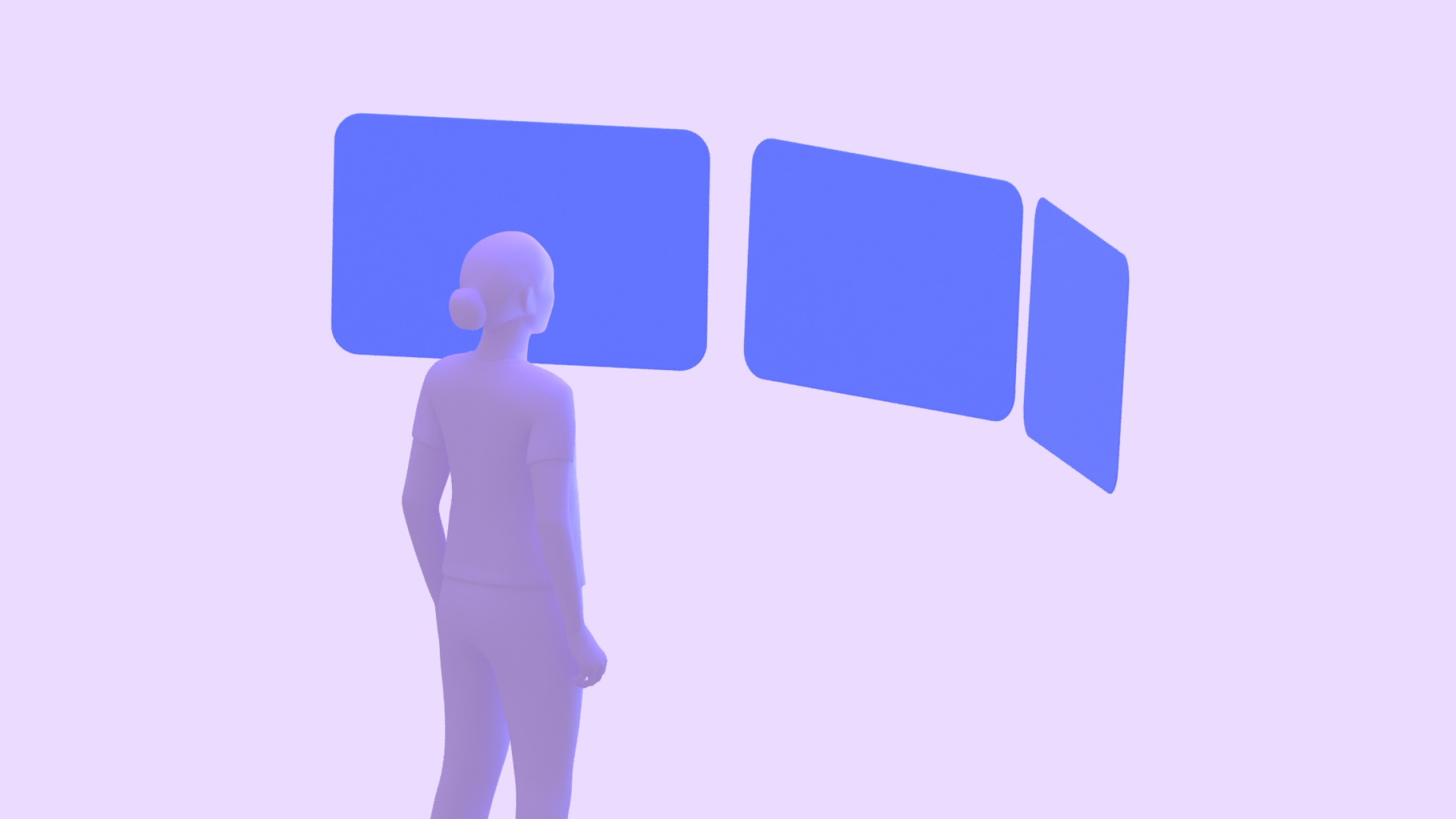 곡선형으로 나란히 배열된 평면 패널 3개를 바라보는 사람. 바깥쪽의 왼쪽과 오른쪽 패널이 더 가까이에 있습니다.