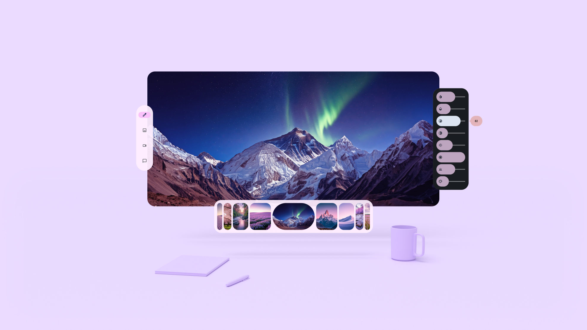 Kuzey ışıklarının ve karlı bir dağın yer aldığı bir Android XR uygulaması. Yörünge araçlarında üç kullanıcı kontrol menüsü bulunur. Ana panelin sol, sağ ve alt tarafında birer tane olmak üzere ana panelin üzerinde yükseltilmiştir.