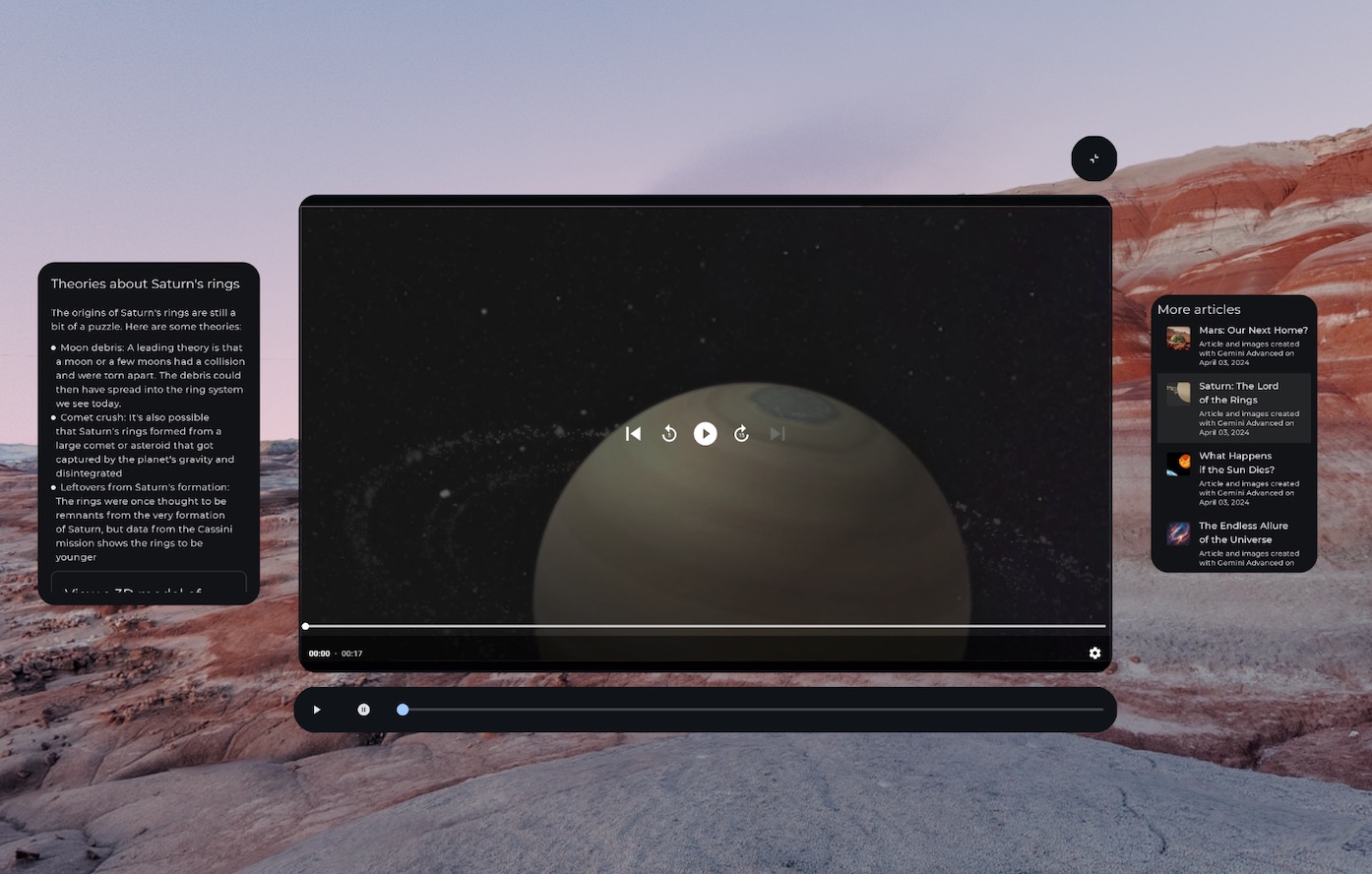 Controlli multimediali spazializzati (adattati per XR) all'interno di un orbiter e contenuti suddivisi in più pannelli spaziali