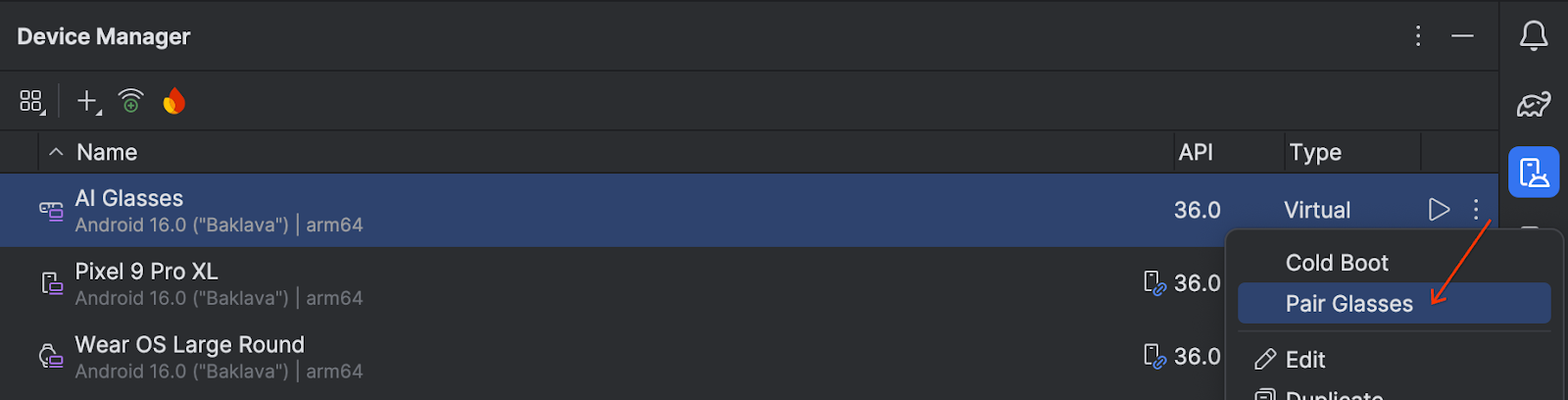 デバイス マネージャーの [Pair Glasses] オプションを選択すると、ペア設定アシスタントが起動します。