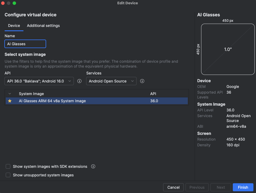 Android 스튜디오 '가상 기기 구성' 창