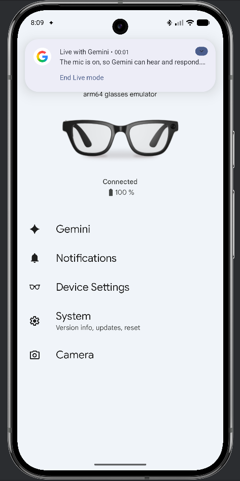 Eine Benachrichtigung im Telefonemulator gibt an, dass die Mikrofoneingabe des Hosts aktiv ist.