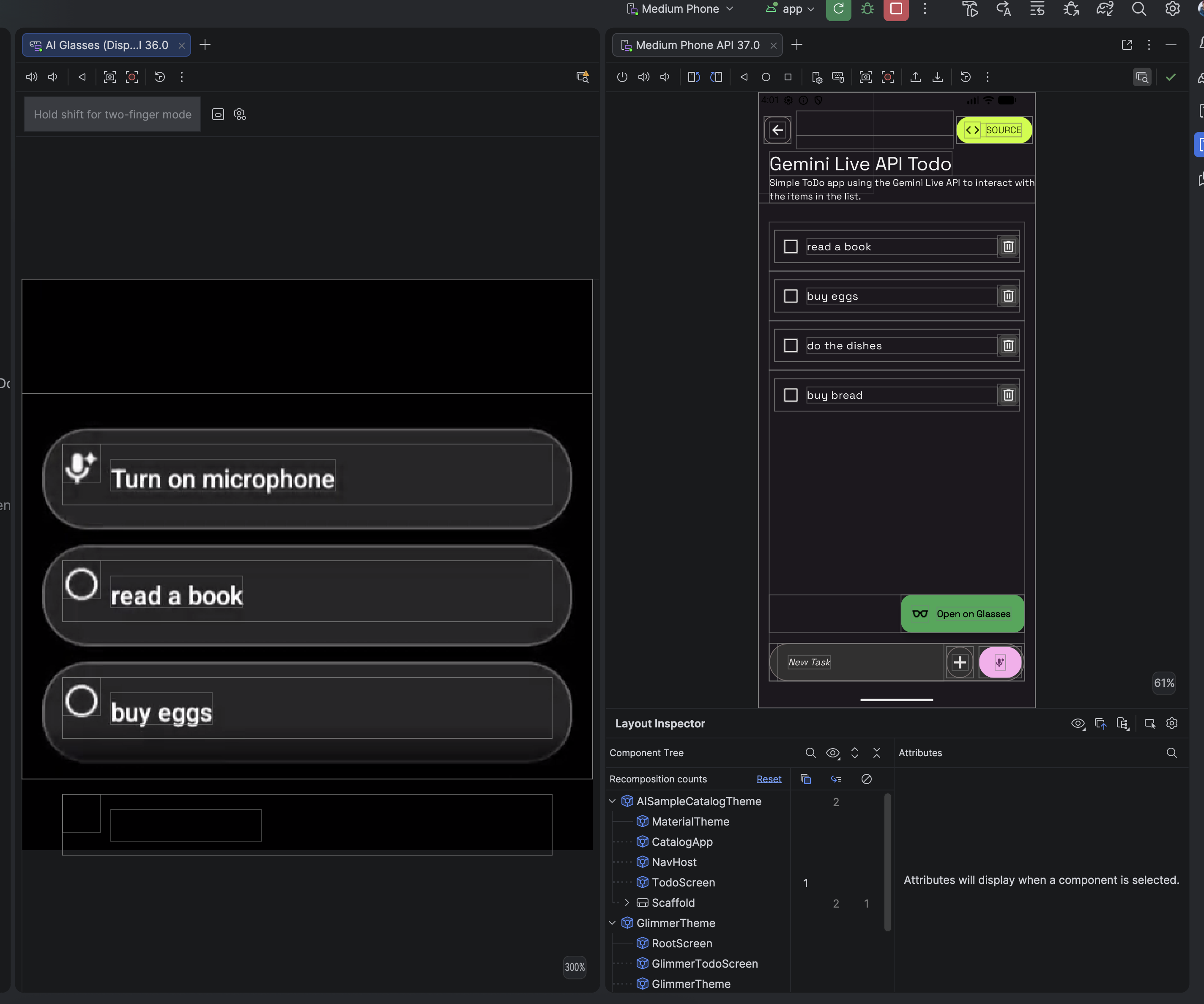 Layout Inspector view showing the AI glasses UI in the Layout
Display.