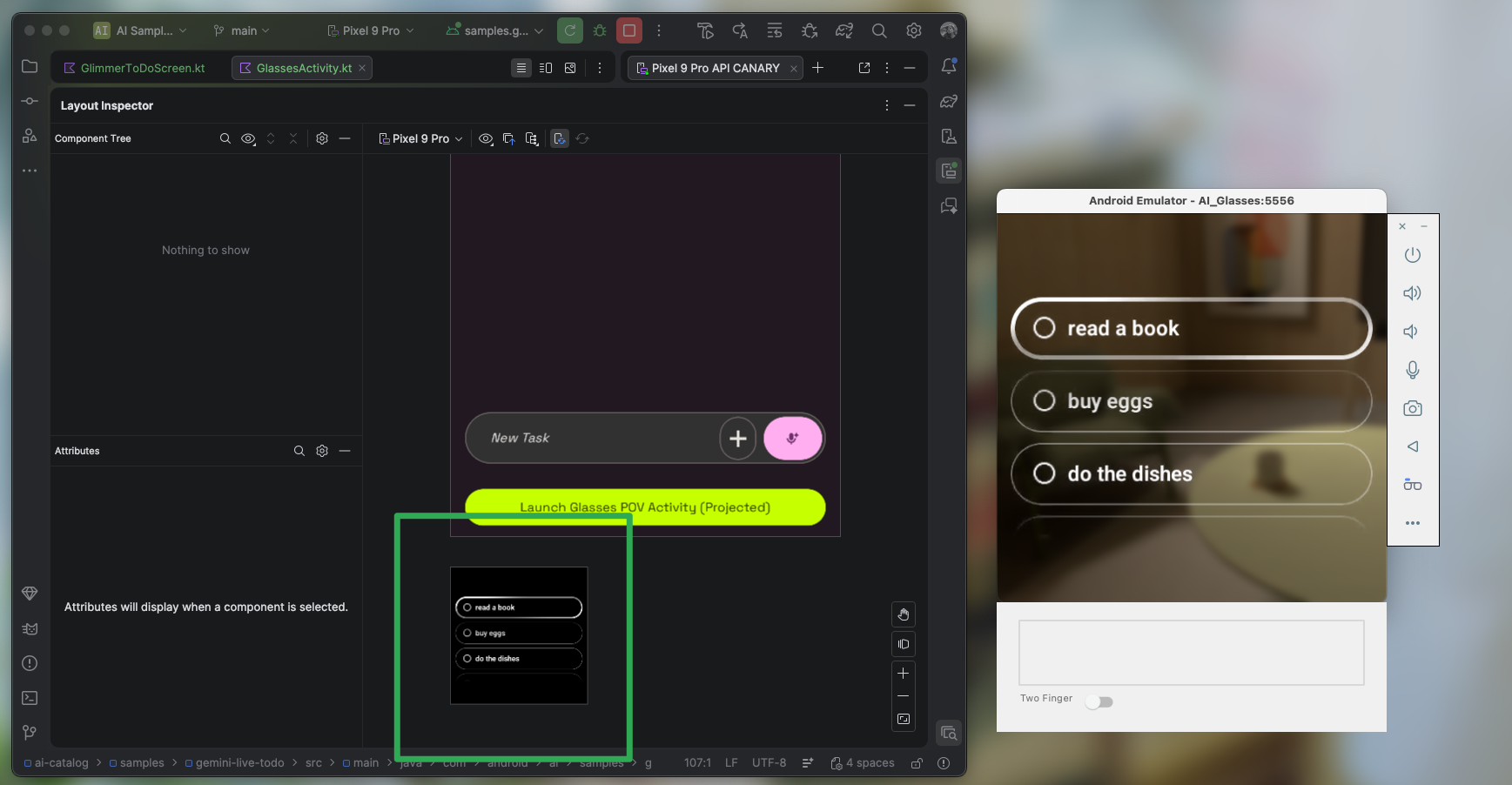 Layout Inspector görünümünde, LayoutDisplay'deki yapay zeka gözlüğü kullanıcı arayüzü gösteriliyor.