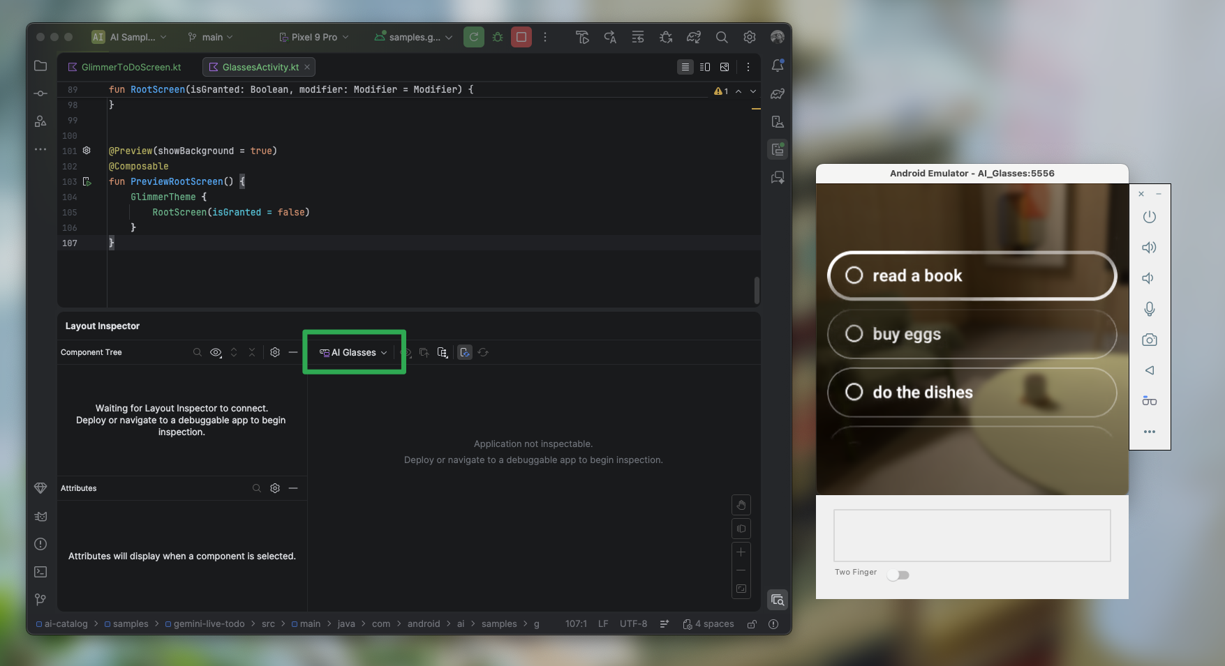 نمای Layout Inspector با منوی کشویی «دستگاههای در حال اجرا» که هایلایت شده است.