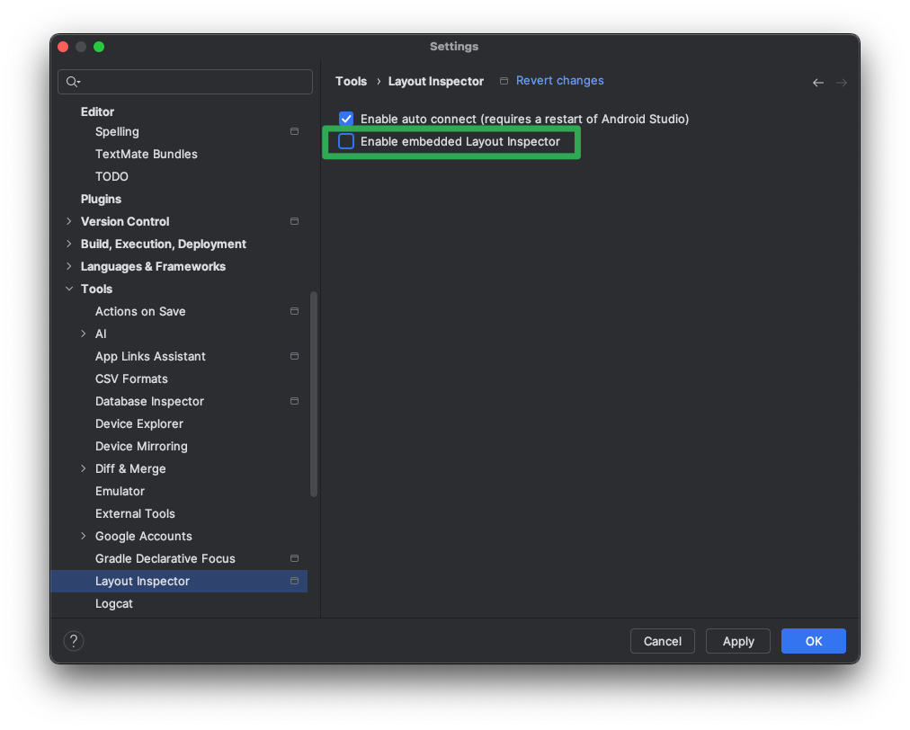 Layout Inspector 도구의 Android 스튜디오 설정 페이지