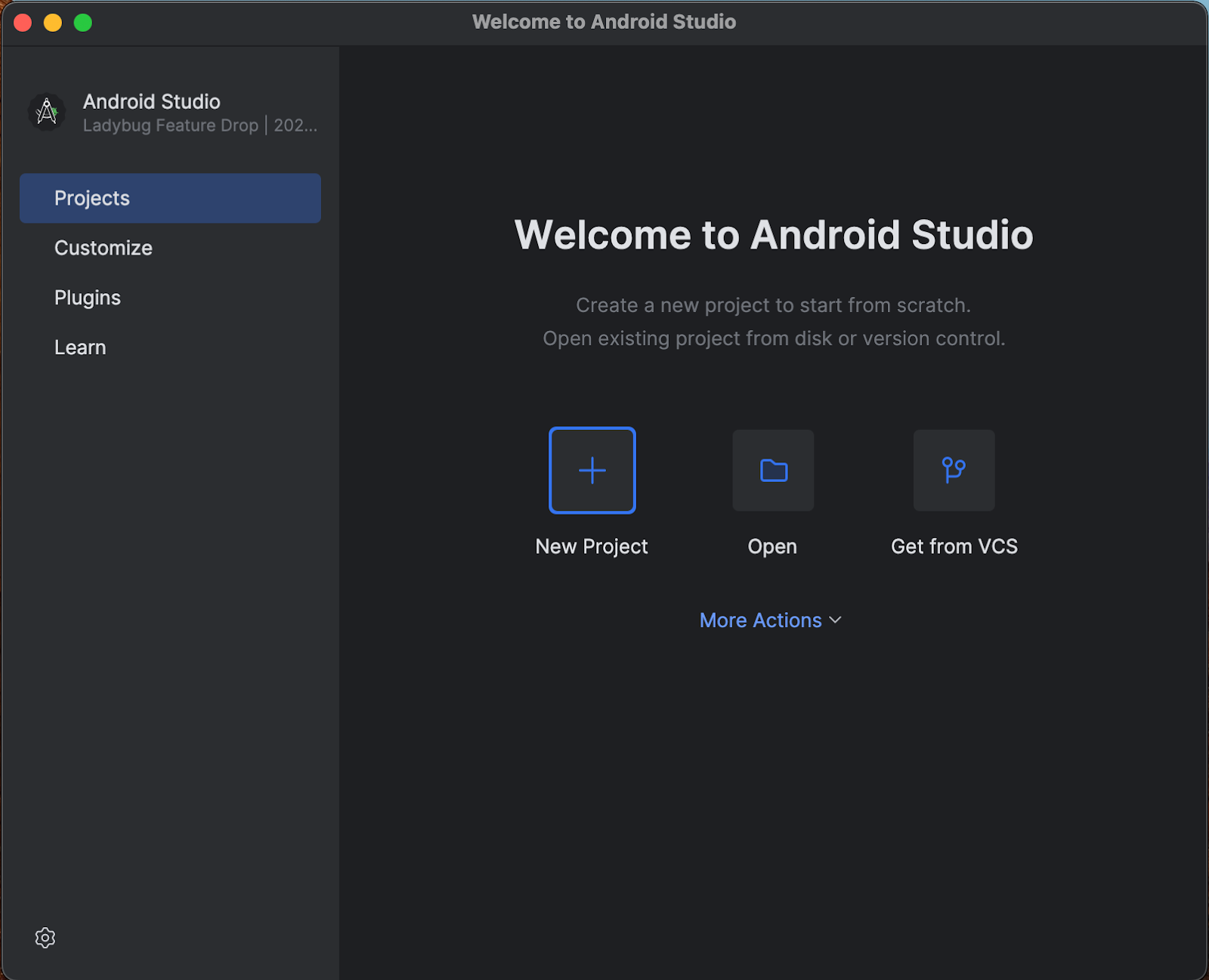 Écran d'accueil d'Android Studio