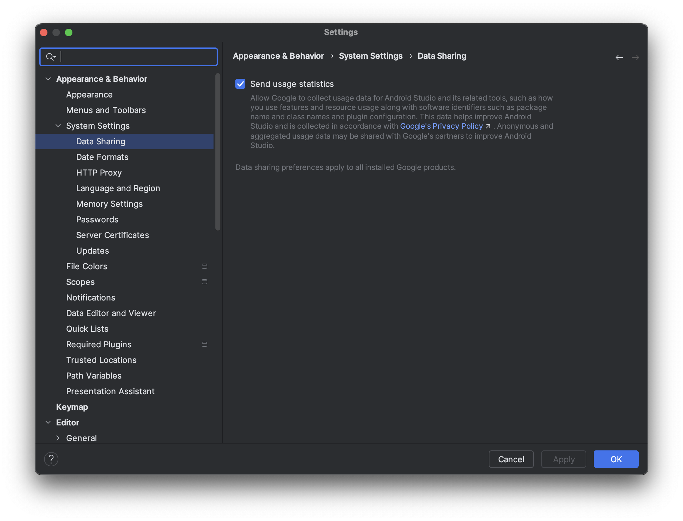 Configuración de uso compartido de datos de Android Studio