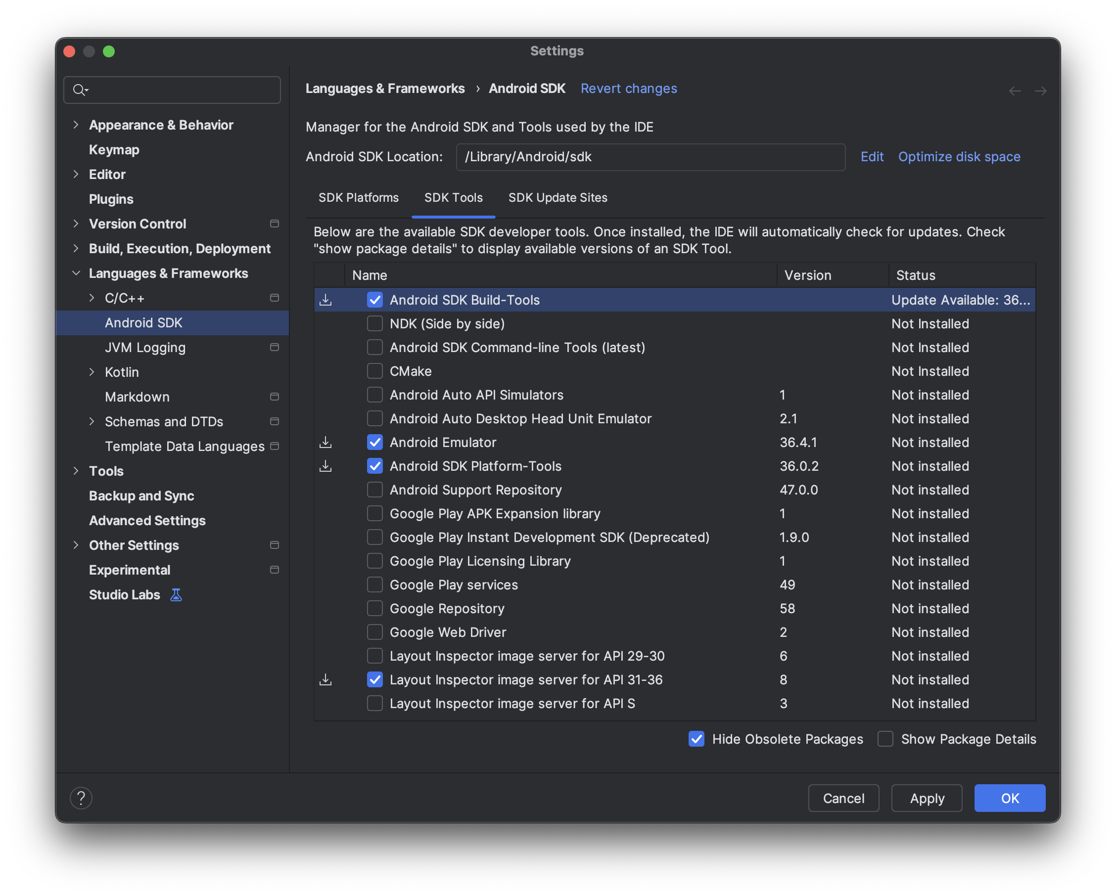 Tab „Android Studio SDK Tools“