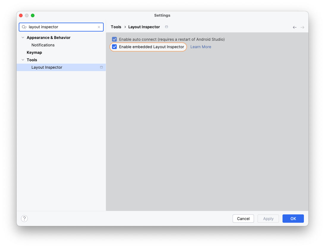 Paramètres de l'outil d'inspection de la mise en page Android Studio