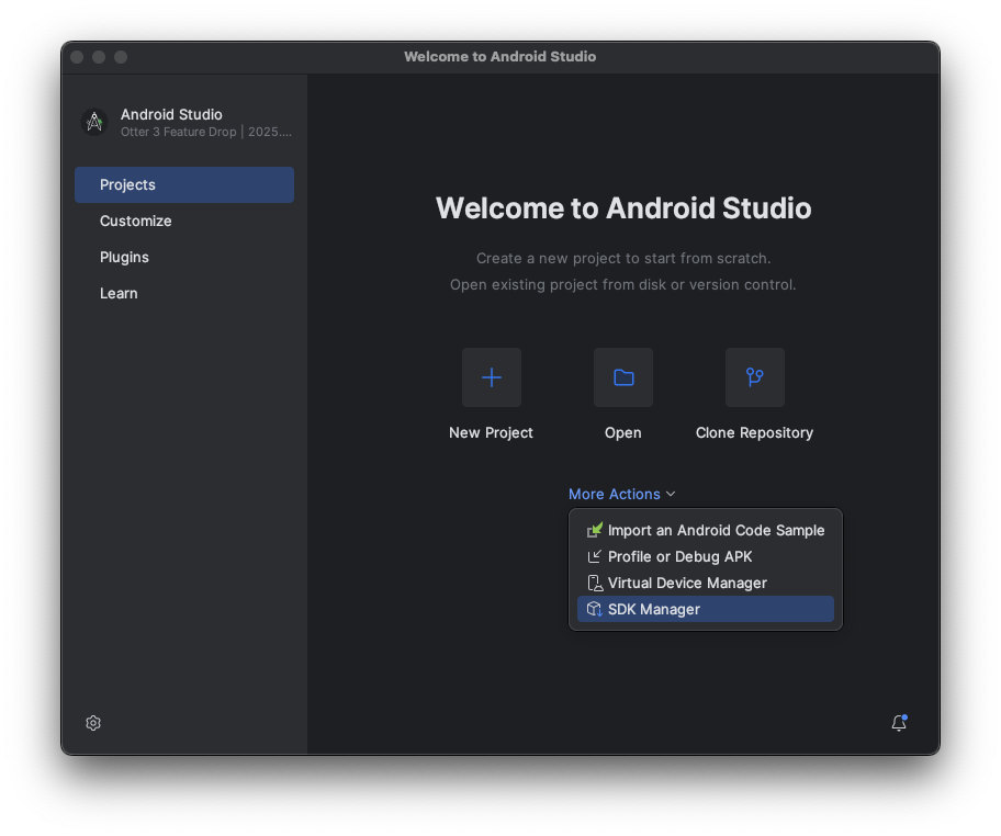 Android studio welcome
screen