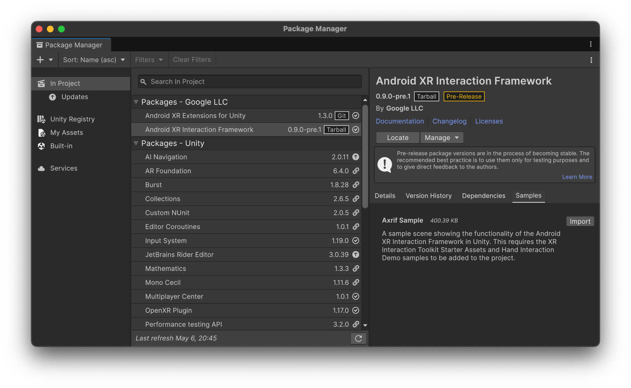Unity のパッケージ マネージャーで AXRIF サンプルをインポートします。
