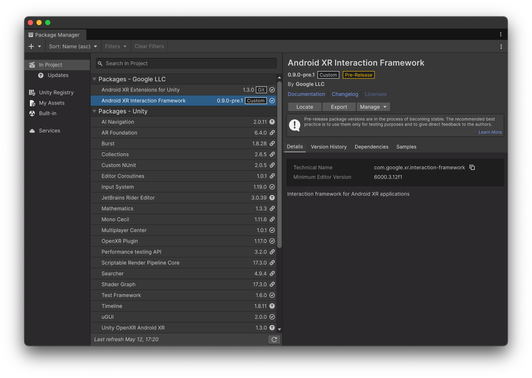 Die AXRIF-Paketdetails im Unity-Paketmanager.